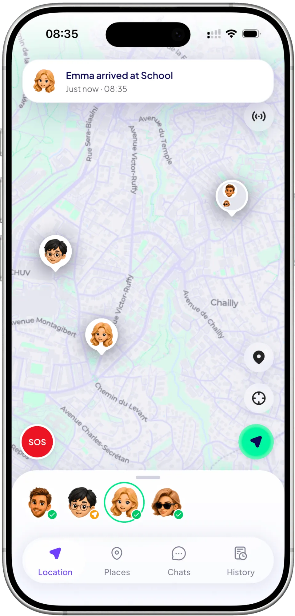 A notification over the map: Emma arrived at School.