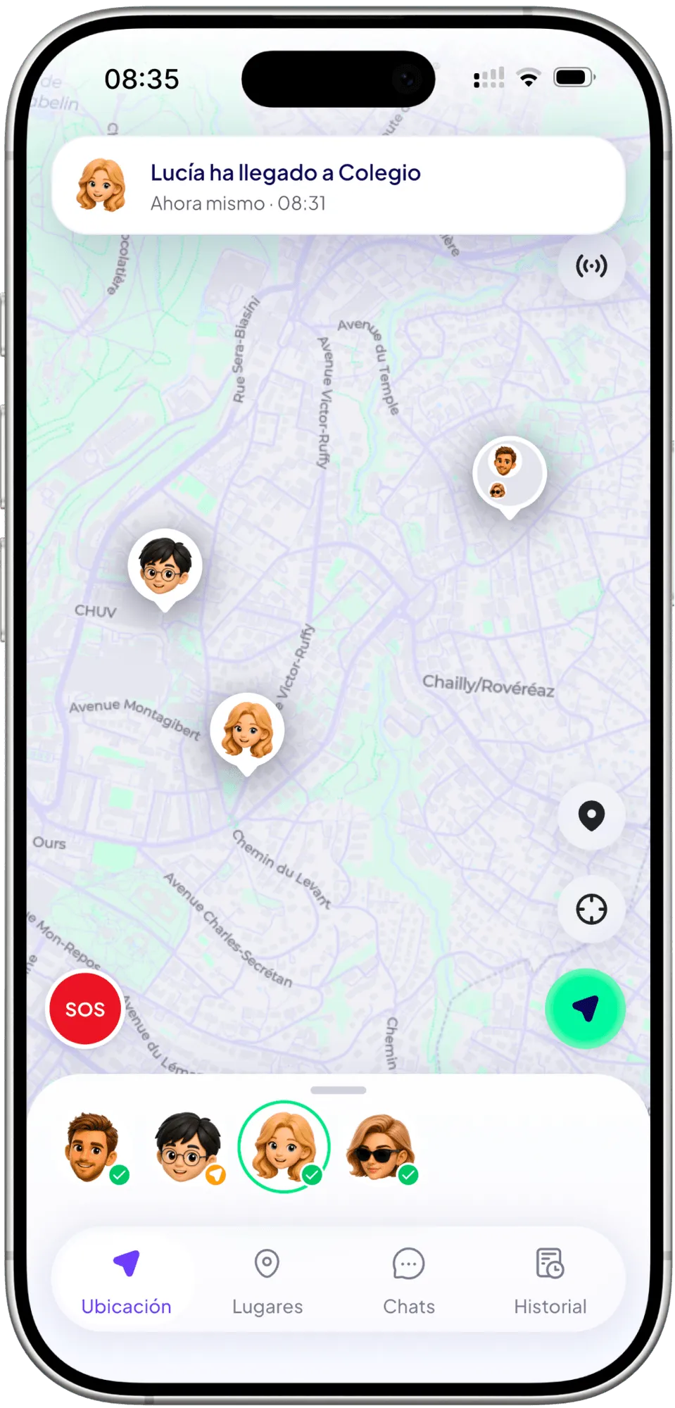 Una notificación sobre el mapa: Emma ha llegado a Colegio.