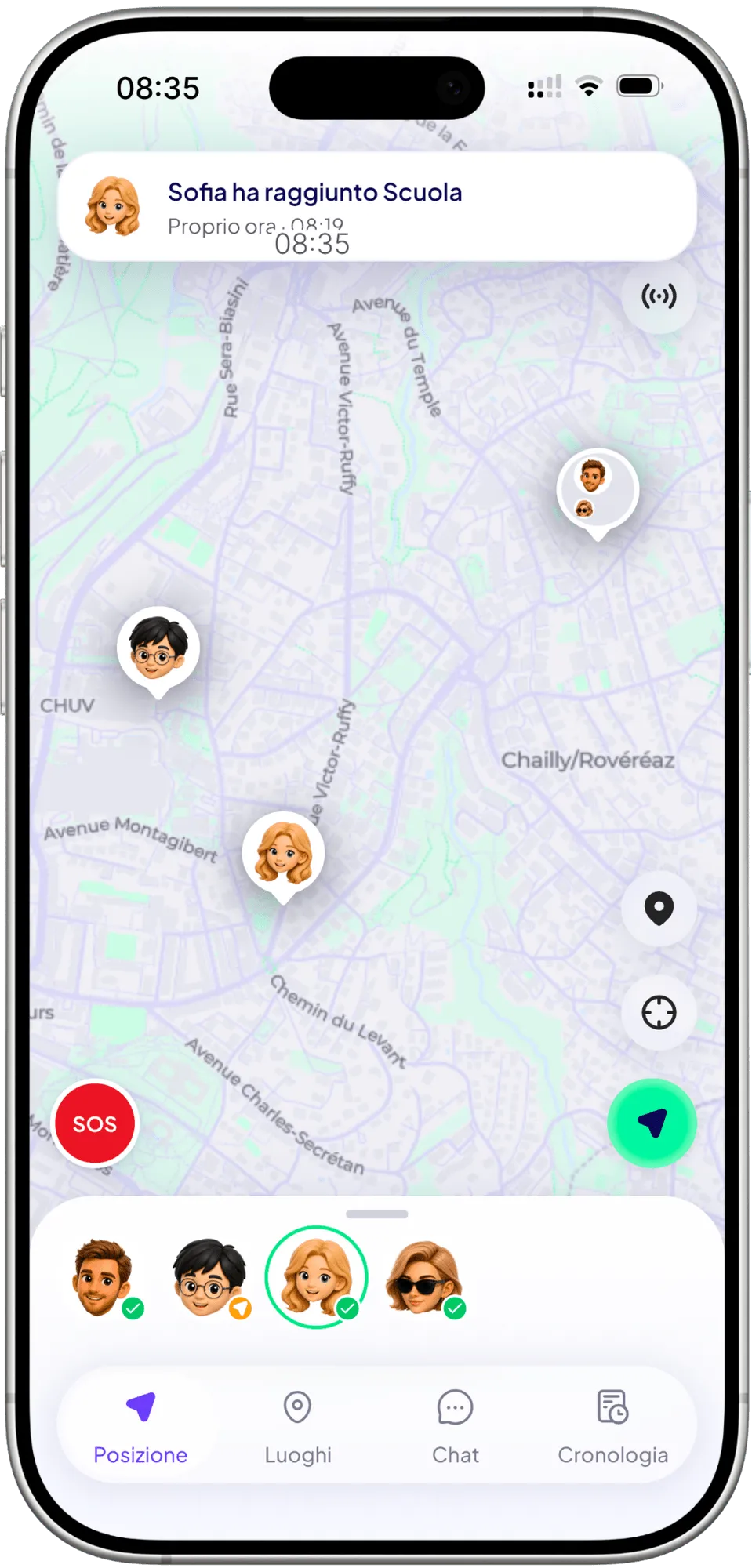 Una notifica sopra la mappa: Emma è arrivata a Scuola.