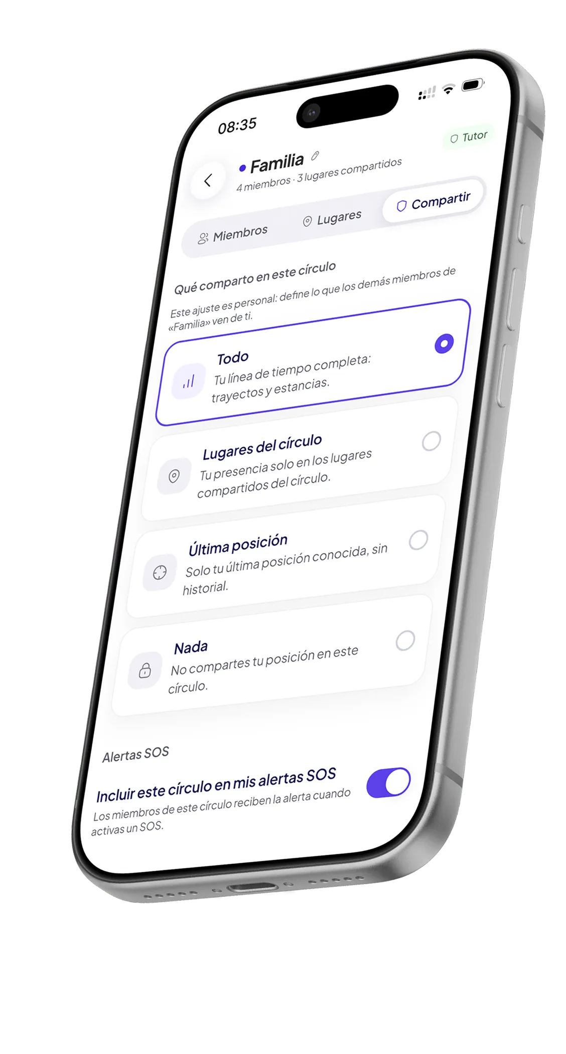 Los ajustes del círculo Familia: lo que comparto en este círculo, «Todo» seleccionado.