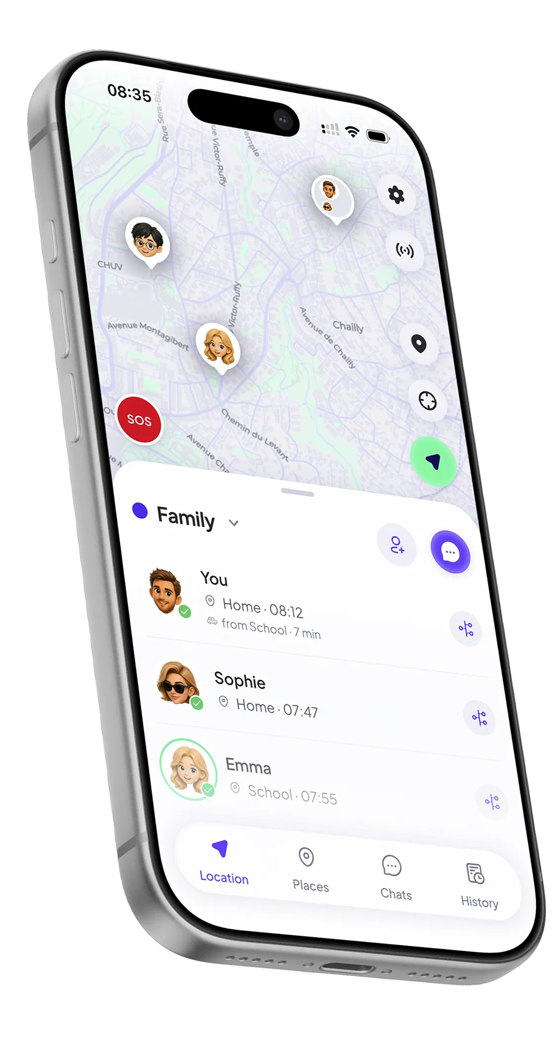 The Fenzly map with the Family circle: each member and where they are.