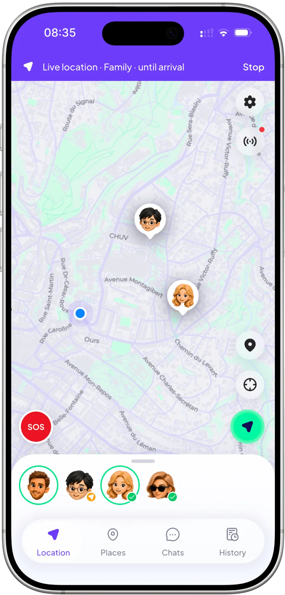 A live share in progress on the map, with the time left.