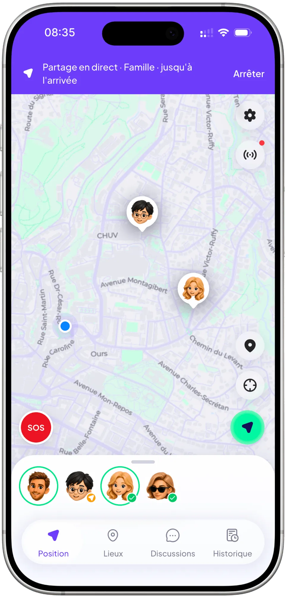 Un partage en direct en cours sur la carte, avec le temps restant.
