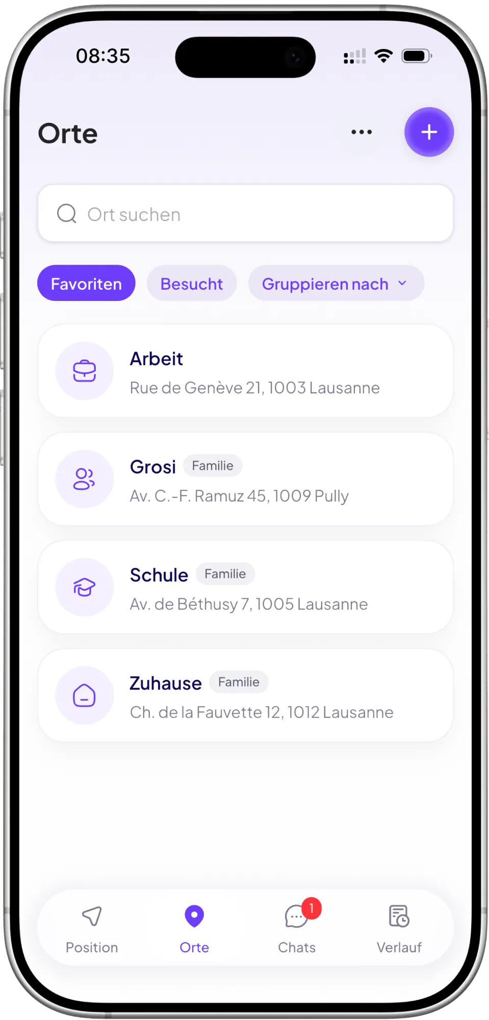 Die Liste der Orte: Zuhause, Schule, Büro und die anderen Orte, die du benannt hast.