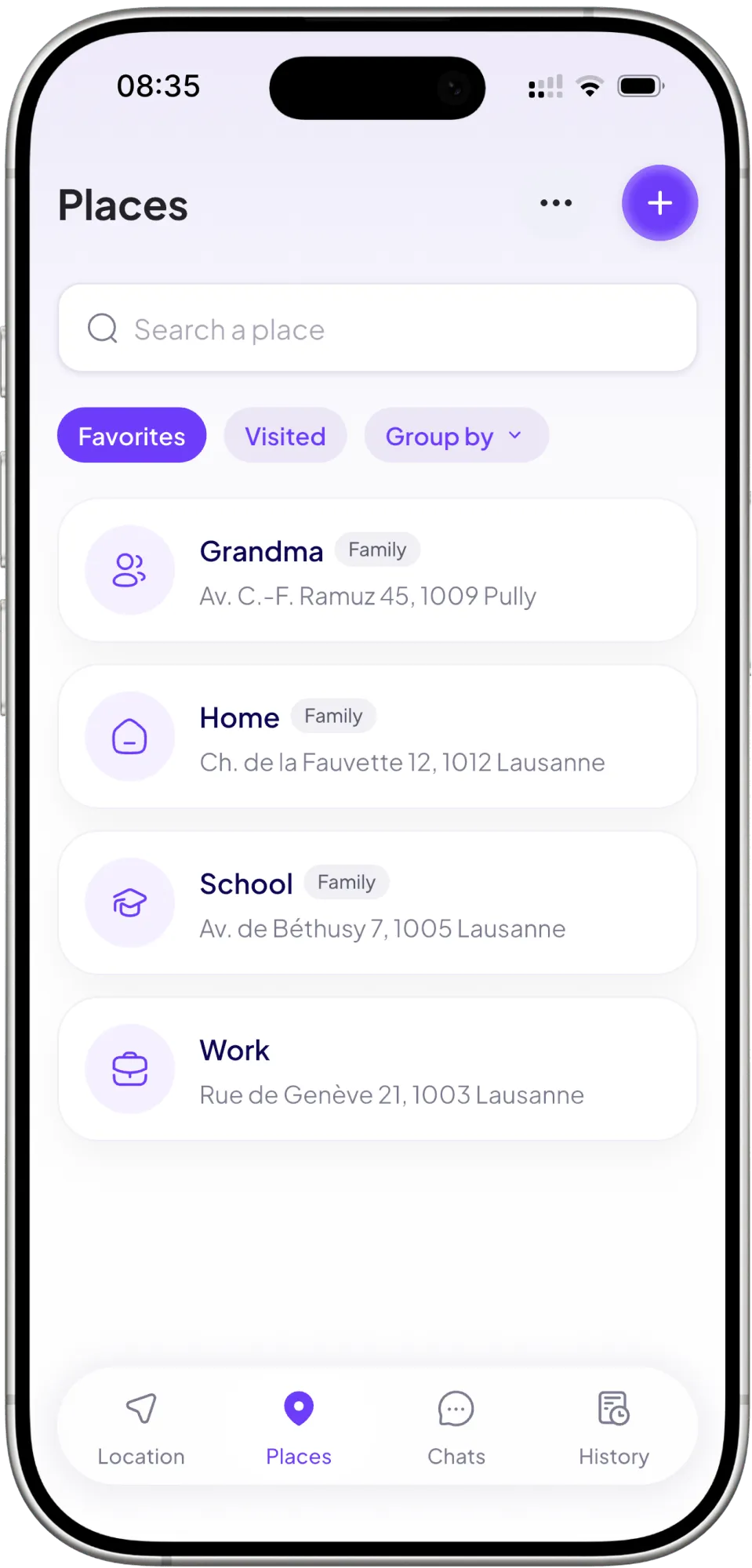 The Places list: home, school, work and the other places you named.