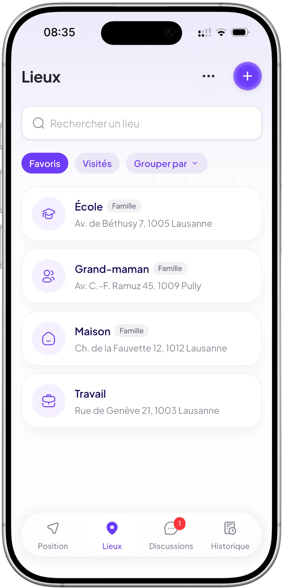 La liste des lieux : maison, école, bureau et les autres lieux que vous avez nommés.