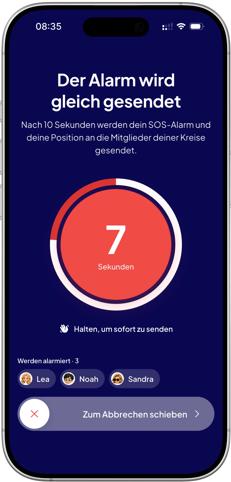 Der SOS-Countdown: zehn Sekunden, bevor der Alarm gesendet wird.