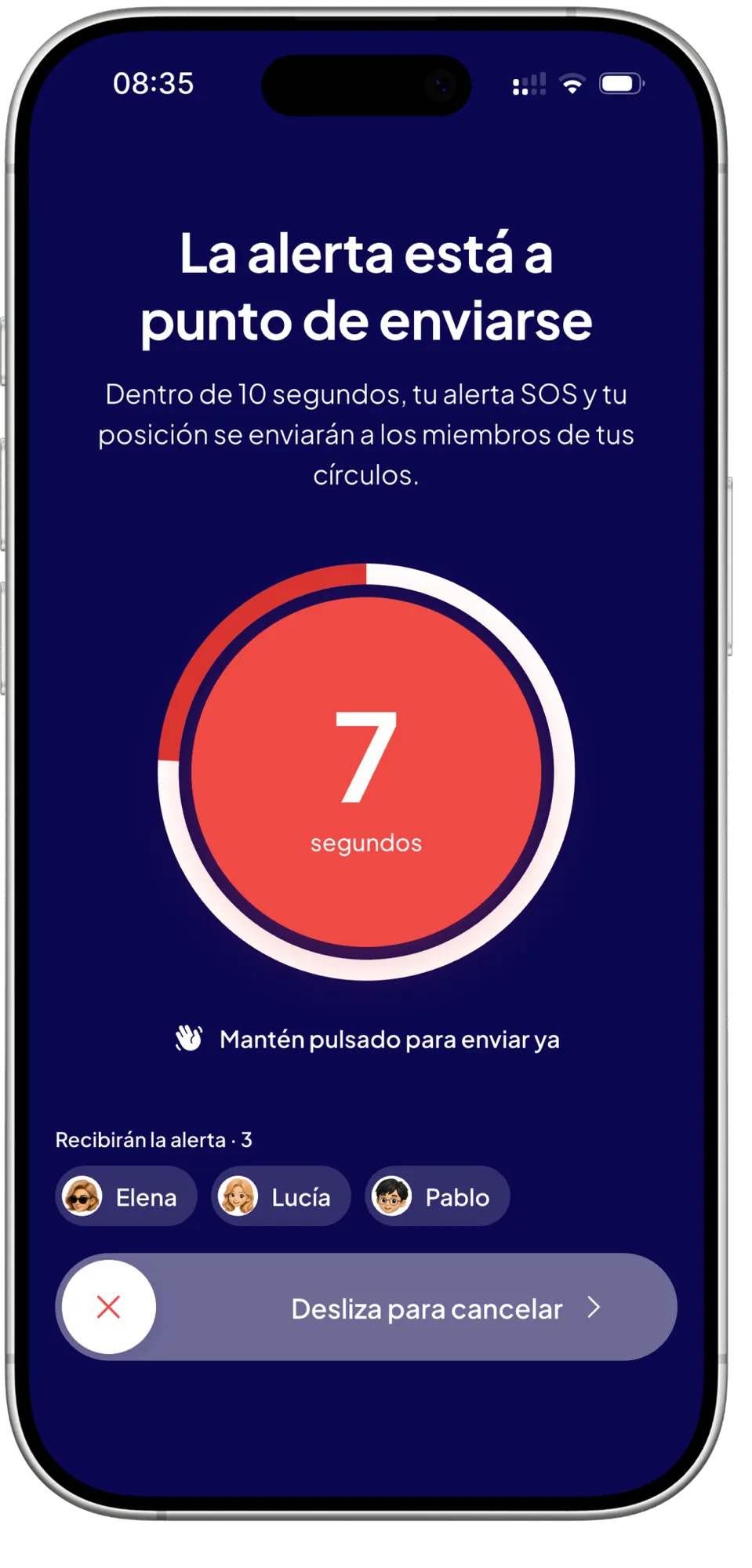 La cuenta atrás del SOS: diez segundos antes de enviar la alerta.