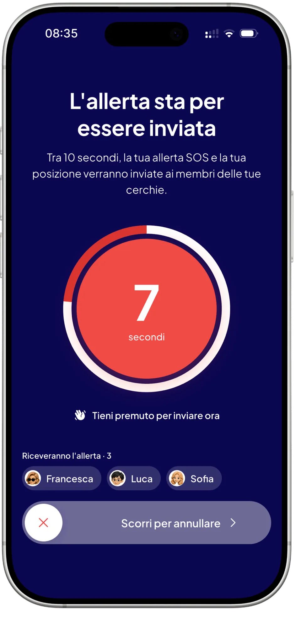 Il conto alla rovescia del SOS: dieci secondi prima dell’invio dell’allerta.