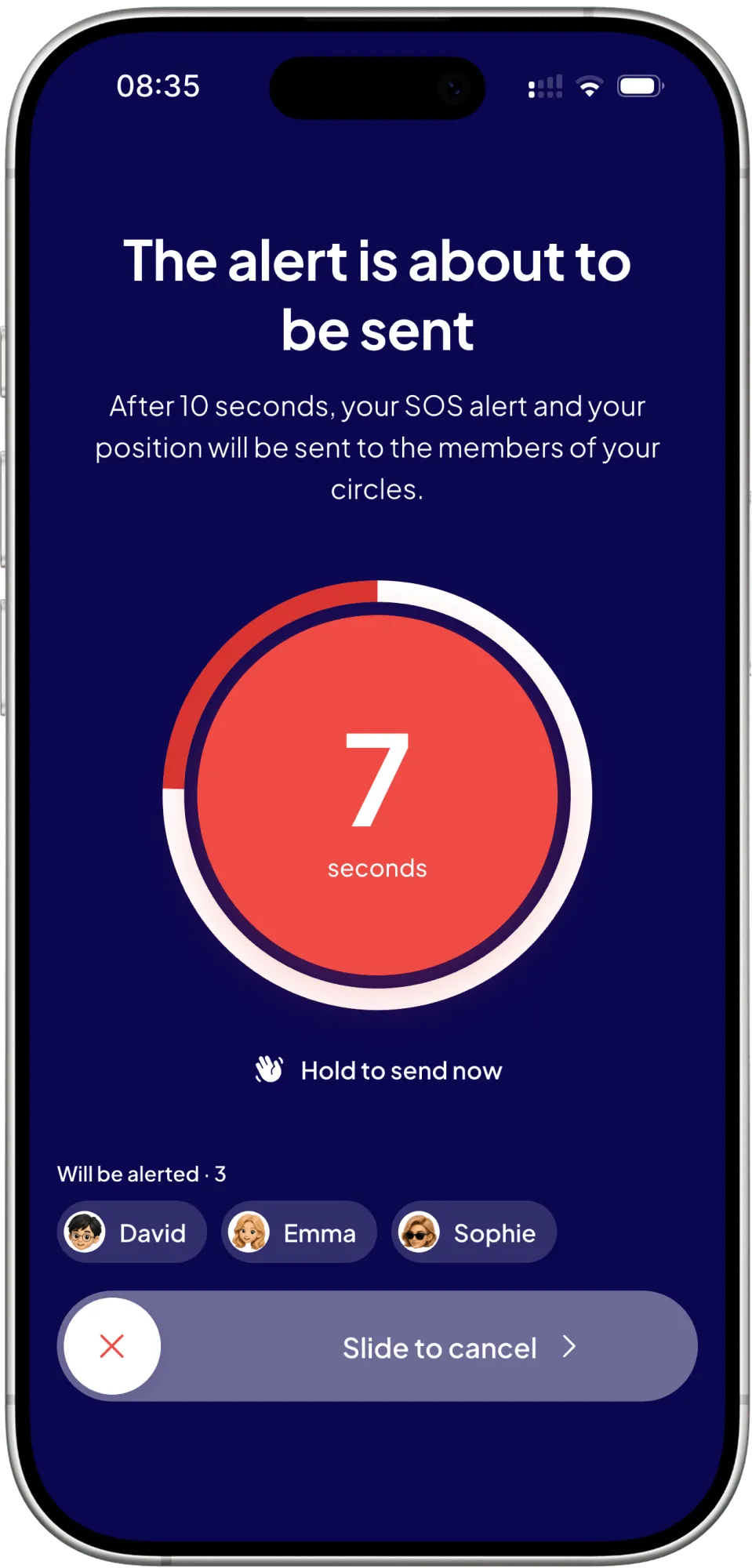 The SOS countdown: ten seconds before the alert is sent.
