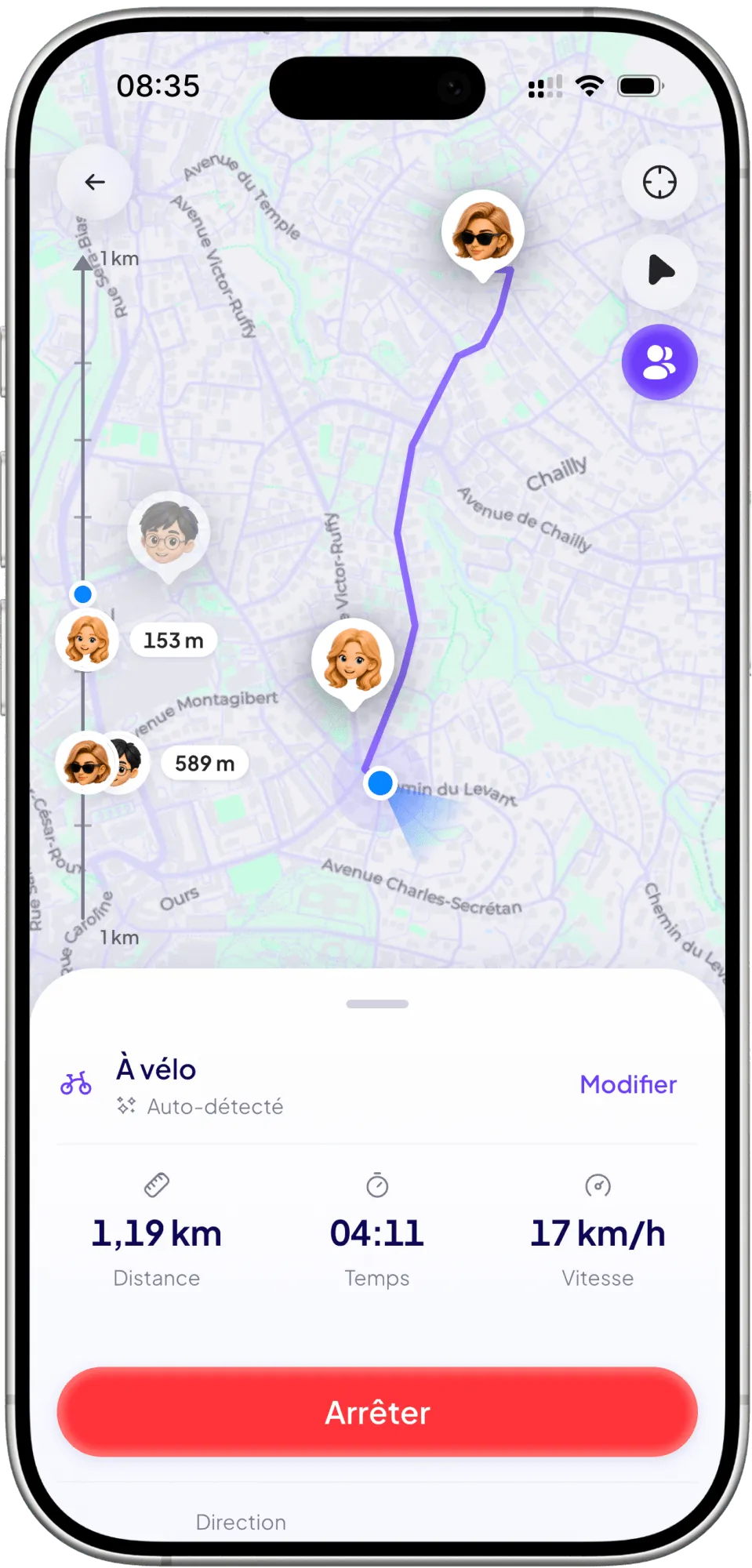Un trajet en cours d’enregistrement sur la carte : distance, durée et vitesse.