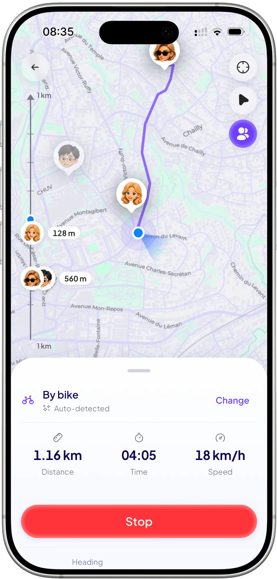 A trip being recorded on the map: distance, time and speed.