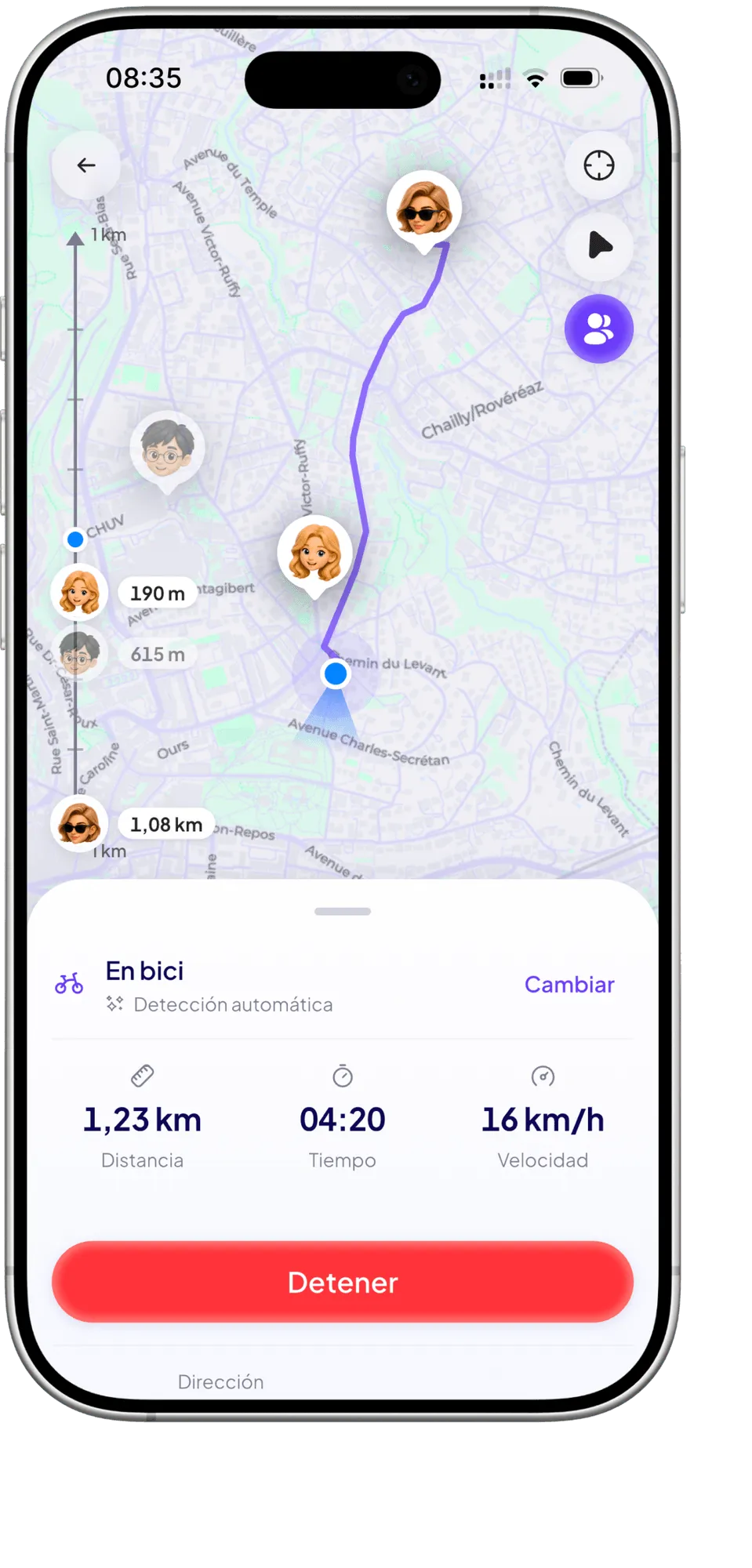 Un trayecto grabándose en el mapa: distancia, duración y velocidad.